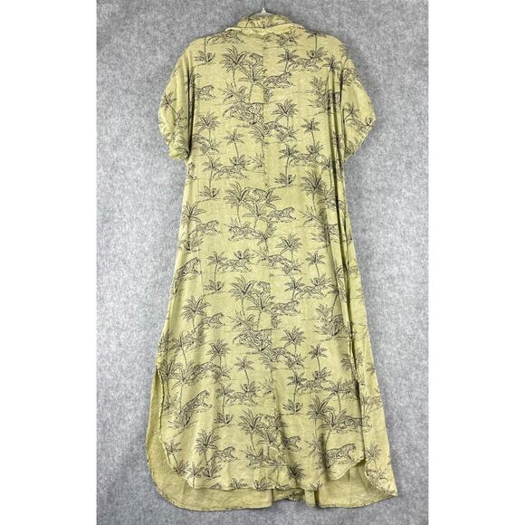 Easel Dress Small Green Tiger Print Button Front Midi Boho Safari Slits Roll Tab - Picture 14 of 16
